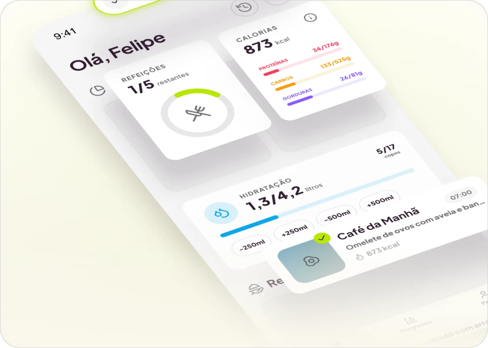 DietAgent's home screen in layers, with the day's calories, meals and water.
